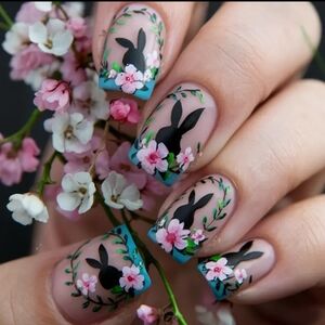 24pcs Blue Easter Bunny French Artificial Nails